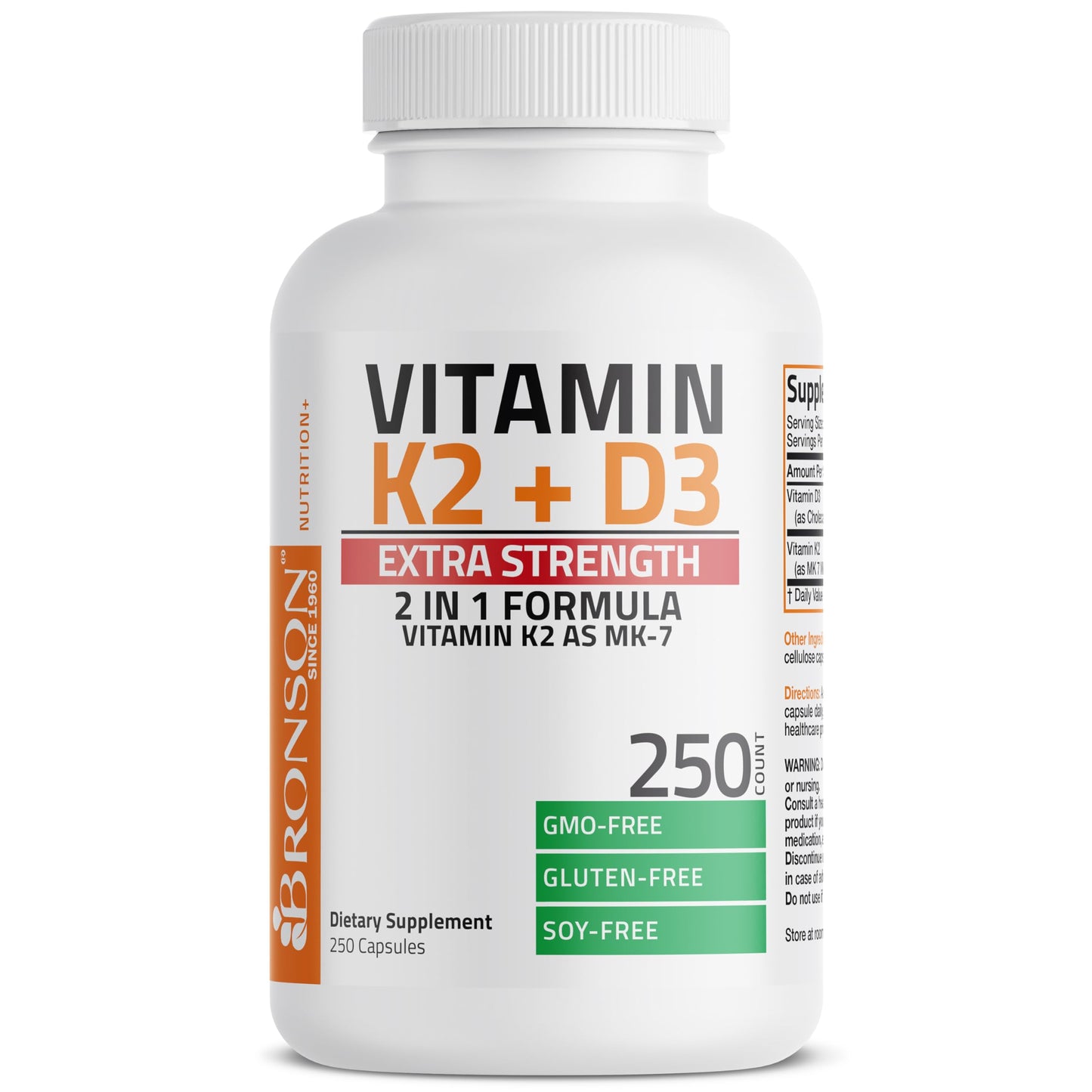 Bronson Vitamin K2 D3 (MK7) Extra Strength D3 & K2 Complex, 120 Capsules | Bone, Immune & Heart Health Support, Gluten Free, Soy Free, Non-GMO, Vitamin D3 10,000IU (250 mcg) & 120 mcg K2 MK-7
