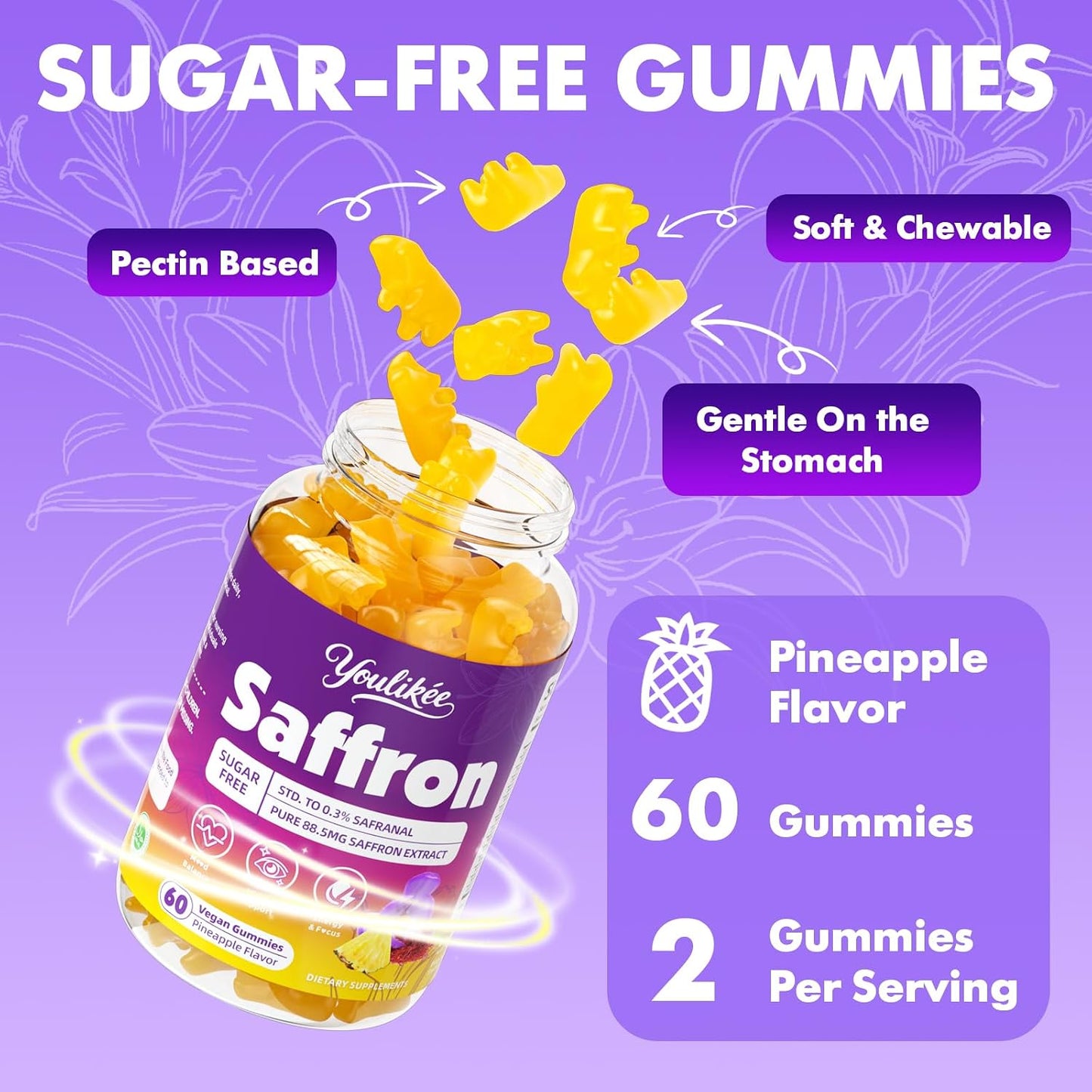 Saffron Gummies 88.5mg, Pineapple Flavor, 60 Count