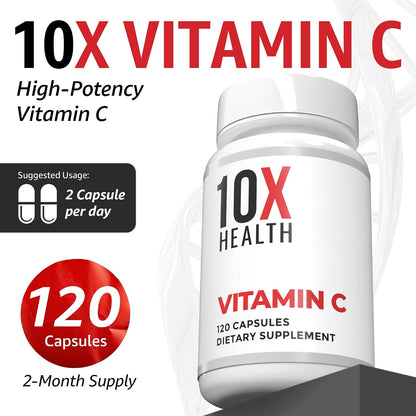 10X Health Vitamin C 1000mg - 120 Capsules | Ascorbic Acid: 1000mg Vitamin C, Immunity & Collagen Support, Non-GMO, 120ct