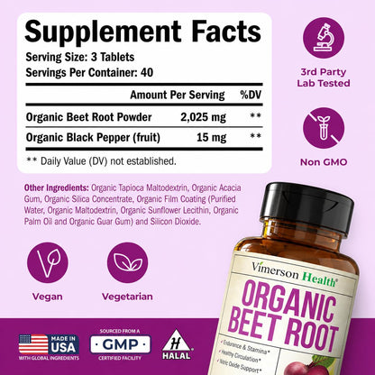 Organic Beetroot Supplement – USDA Organic Beet Root Tablets with Black Pepper for Circulation, Energy & Stamina – Nitric Oxide Support for Pre & Post Workout Performance & Endurance – 20 days supply