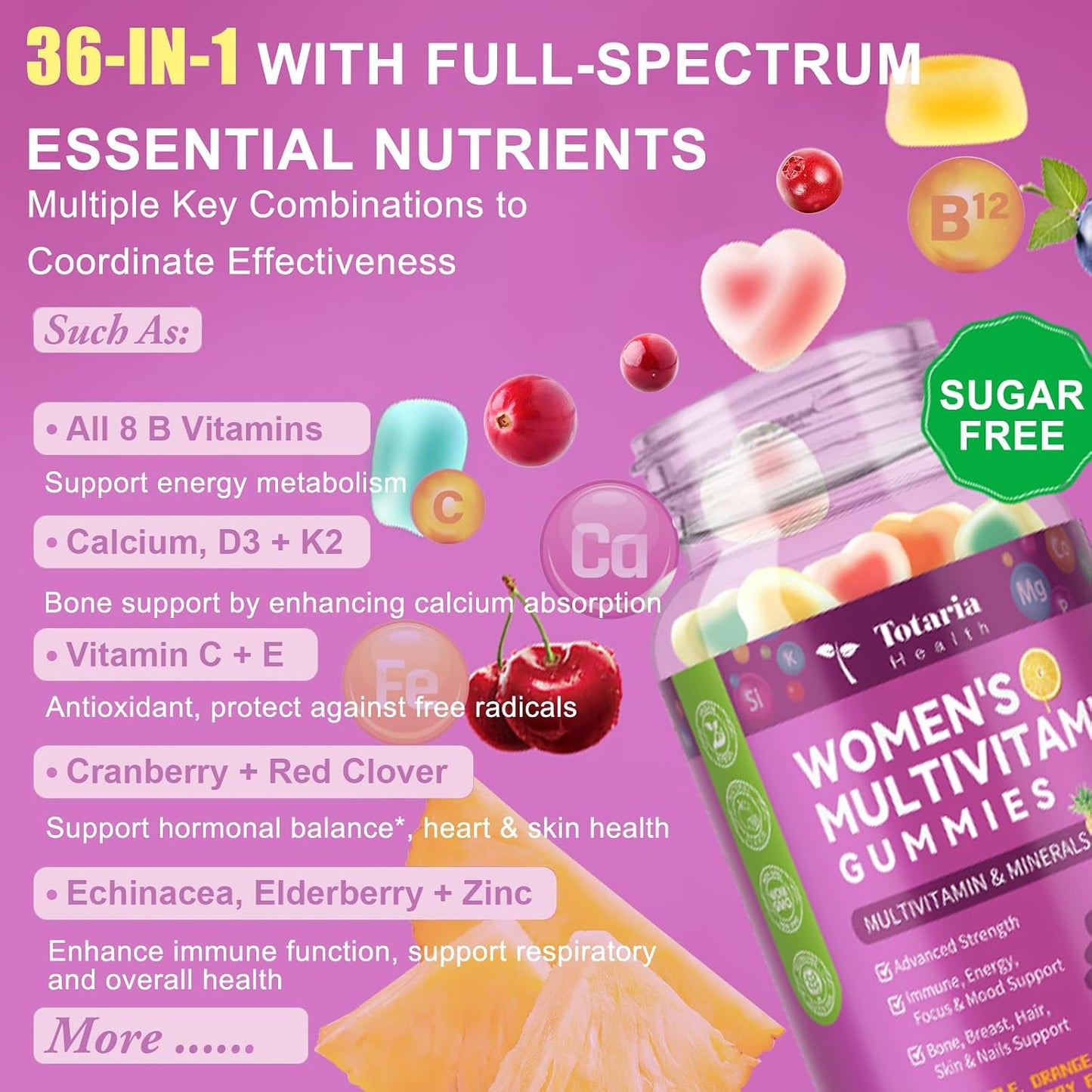 Totaria Sugar Free Womens Multivitamin Gummies with Iron, Women's Multivitamin w/Vitamins C, D3 K2, B12, B6, Filled Gummies for Daily Nutritional Support| Immune Support| Skin Health, Mixed Flavors