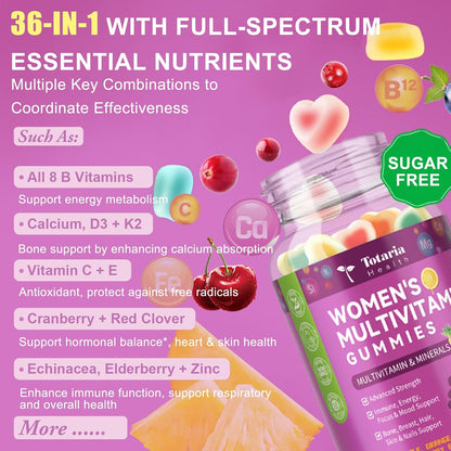 Totaria Sugar Free Womens Multivitamin Gummies with Iron, Women's Multivitamin w/Vitamins C, D3 K2, B12, B6, Filled Gummies for Daily Nutritional Support| Immune Support| Skin Health, Mixed Flavors