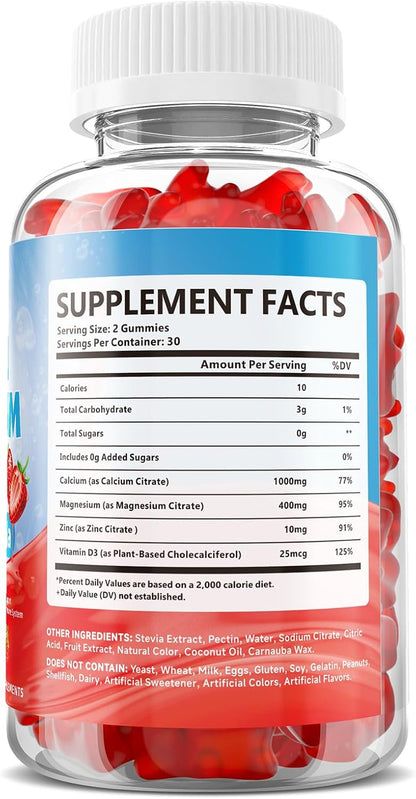 Calcium Magnesium Zinc Gummies for Adult, Calcium Citrate with Vitamin D3 | High Absorption Calcium Magnesium Supplement for Women & Men, Sugar-Free, Strawberry Flavor, 60 Count