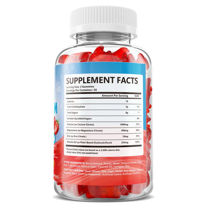 Calcium Magnesium Zinc Gummies for Adult, Calcium Citrate with Vitamin D3 | High Absorption Calcium Magnesium Supplement for Women & Men, Sugar-Free, Strawberry Flavor, 60 Count