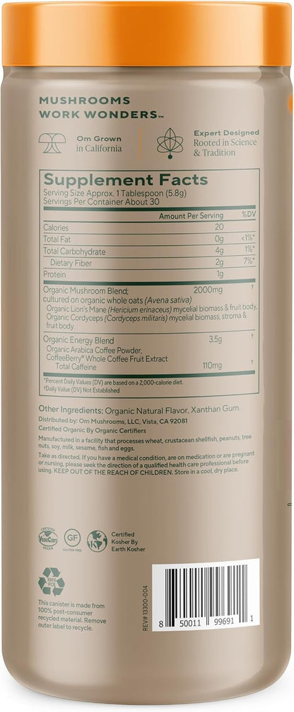 OM MUSHROOM SUPERFOOD Coffee Latte Blend – Functional Mushroom Powder with Lion’s Mane & Cordyceps – Energy, Focus & Mental Clarity Support – 8.47 oz Canister (30 Servings)