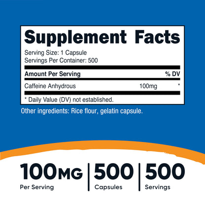 Nutricost Caffeine Pills 100mg Per Serving, 250 Capsules
