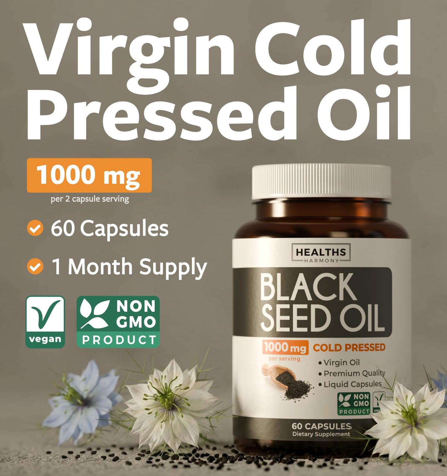 Black Seed Oil - 120 Softgel Capsules Skin Health (Non-GMO & Vegan) Cold-Pressed Nigella Sativa Producing Pure Black Cumin Seed Oil with Vitamin E - 500mg Each, 1000mg Per 2 Capsule Serving