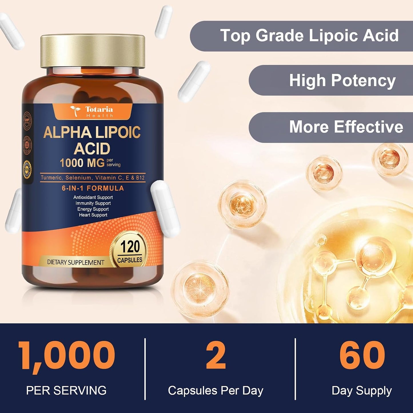 Totaria Alpha Lipoic Acid 1000mg - ALA Supplement Antioxidant for Neuropathy Support Nerve Health, Liver Detox, Antioxidant, Metabolism and Cell Energy, Anti-Aging - Non-GMO, Gluten Free, Vegan Safe