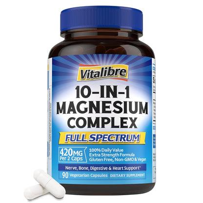 Vitalibre 10 in 1 Magnesium Complex, 420mg Elemental Magnesium 120 Capsules | Ultra Strength, Max Absorption | Chelated Magnesium Supplement for Women Men Nerves, Bone & Heart Health | Non-GMO