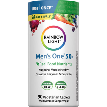 Rainbow Light Mens Multivitamin One + for 50 Plus | 150 Caplets | Supports Muscle Health | with Vitamins C, D, and Zinc | Real Food Nutrients, Digestive Enzymes & Probiotics