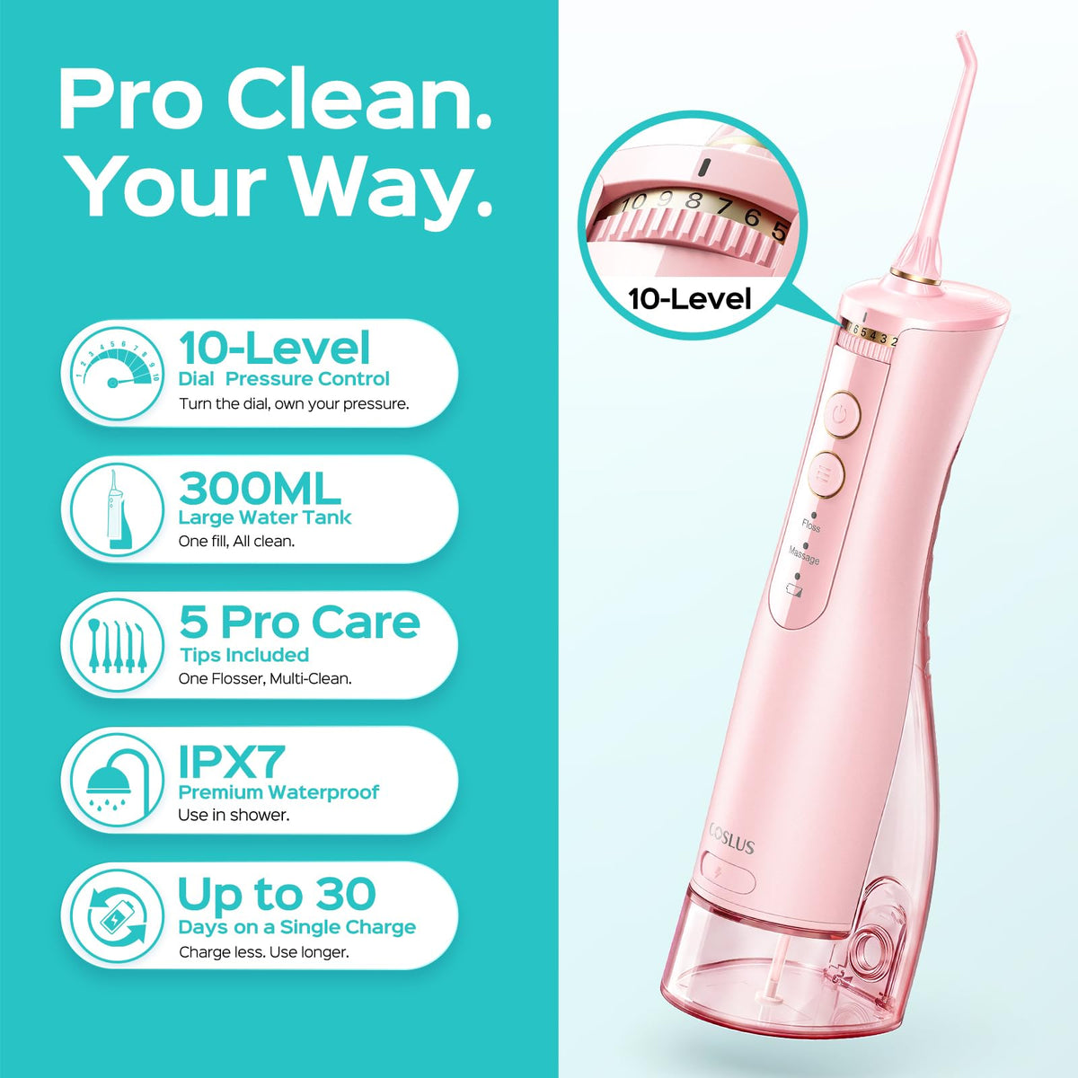 COSLUS ADA Accepted E40 Water Dental Flosser, 10 Pressure Levels, Black Pro