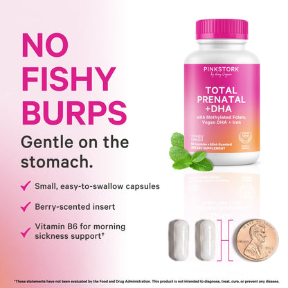 Pink Stork Total Prenatal Vitamins for Women, Clean Label, 60 Count, Mint | Vegan DHA, Methylfolate, Iron, Choline, Vitamin B12 - Preconception Nutrition - No Fishy Burps - Pregnancy Essentials