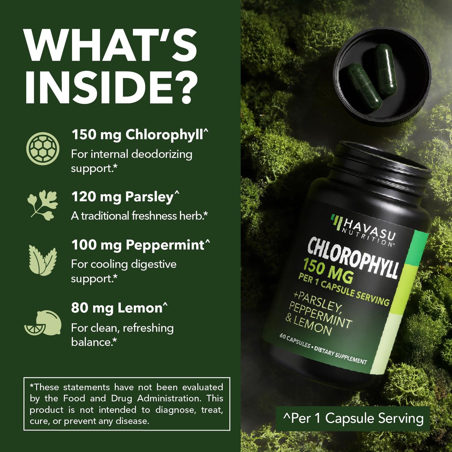 Chlorophyll Pills for Internal Cleanse & Balance, 30 Count, Internal Detox | Skin Health and Body Deodorizing Supplement with Parsley Peppermint & Lemon Extract, Vegan Non-GMO Chlorophyll Capsules