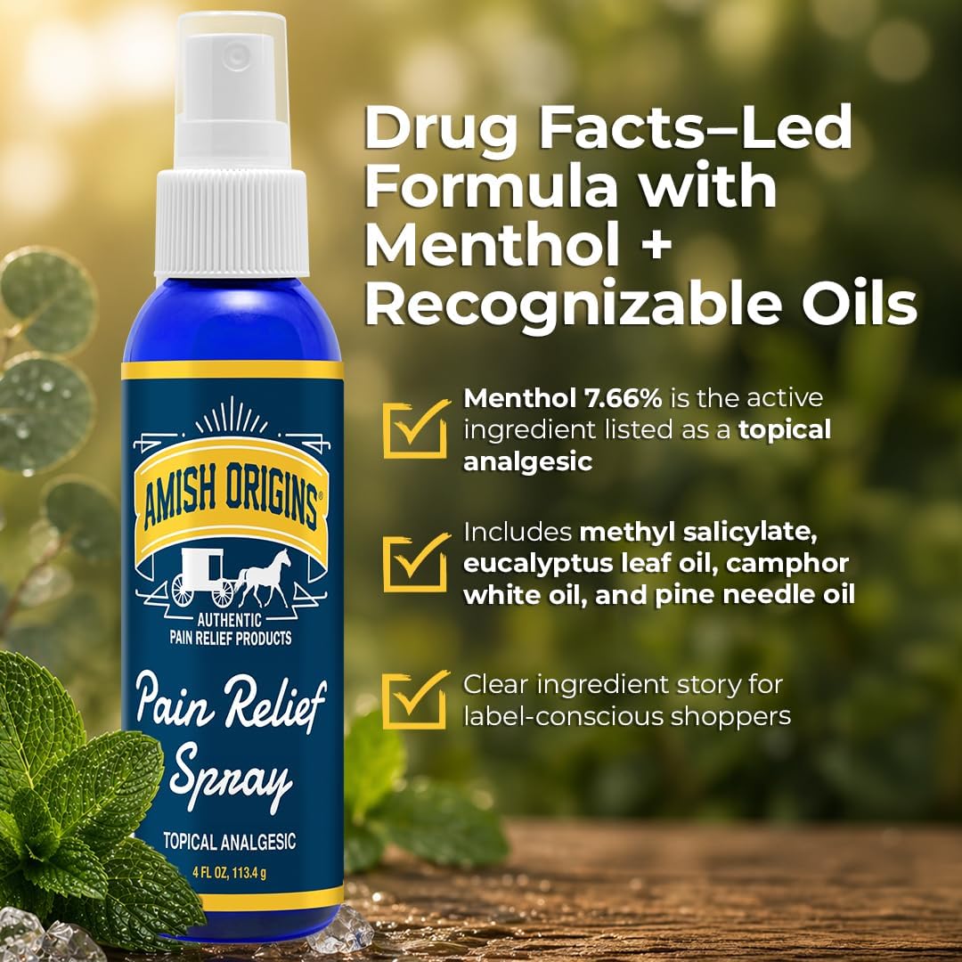 Amish Origins Deep Penetrating Pain Relief Liquid Spray - Fast-Acting, Natural Relief for Muscle Aches, Joint Pain, and Stiffness - 4 oz Spray Bottle