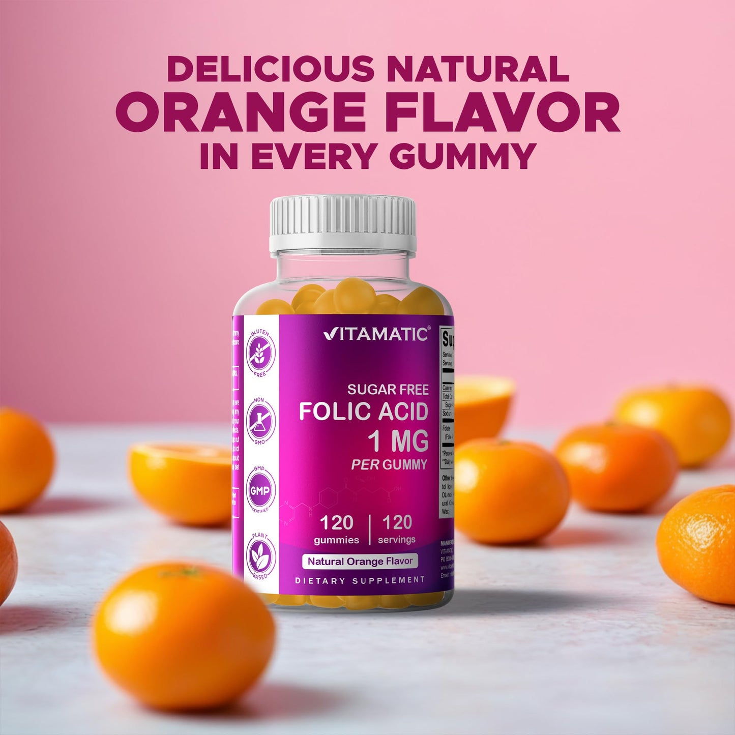 Vitamatic Sugar Free Folic Acid 1 mg Gummies 120 Count Orange Flavor | 1 mg Folic Acid, 1667 mcg DFE per gummy, Healthy cell growth, red blood cell formation, Gluten Free, Non GMO
