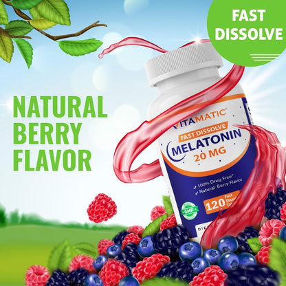 Vitamatic Melatonin 20 mg Fast Dissolve Tablets, 120 Count, Made in USA | Support Restful Sleep & Healthy Sleep Cycles*, Non GMO, Gluten Free