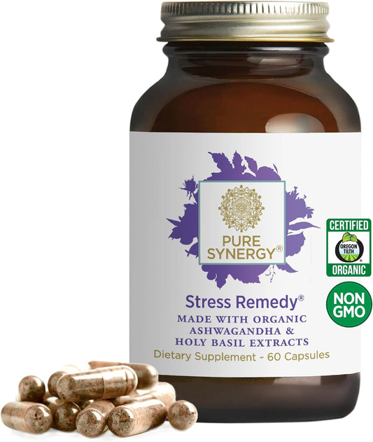 PURE SYNERGY Stress Remedy | Soothing Supplement with Ashwagandha | Organic Adaptogen Support from Lemon Balm and Holy Basil | for Stress Relief, Adrenal Health, and Mood (60 Capsules)