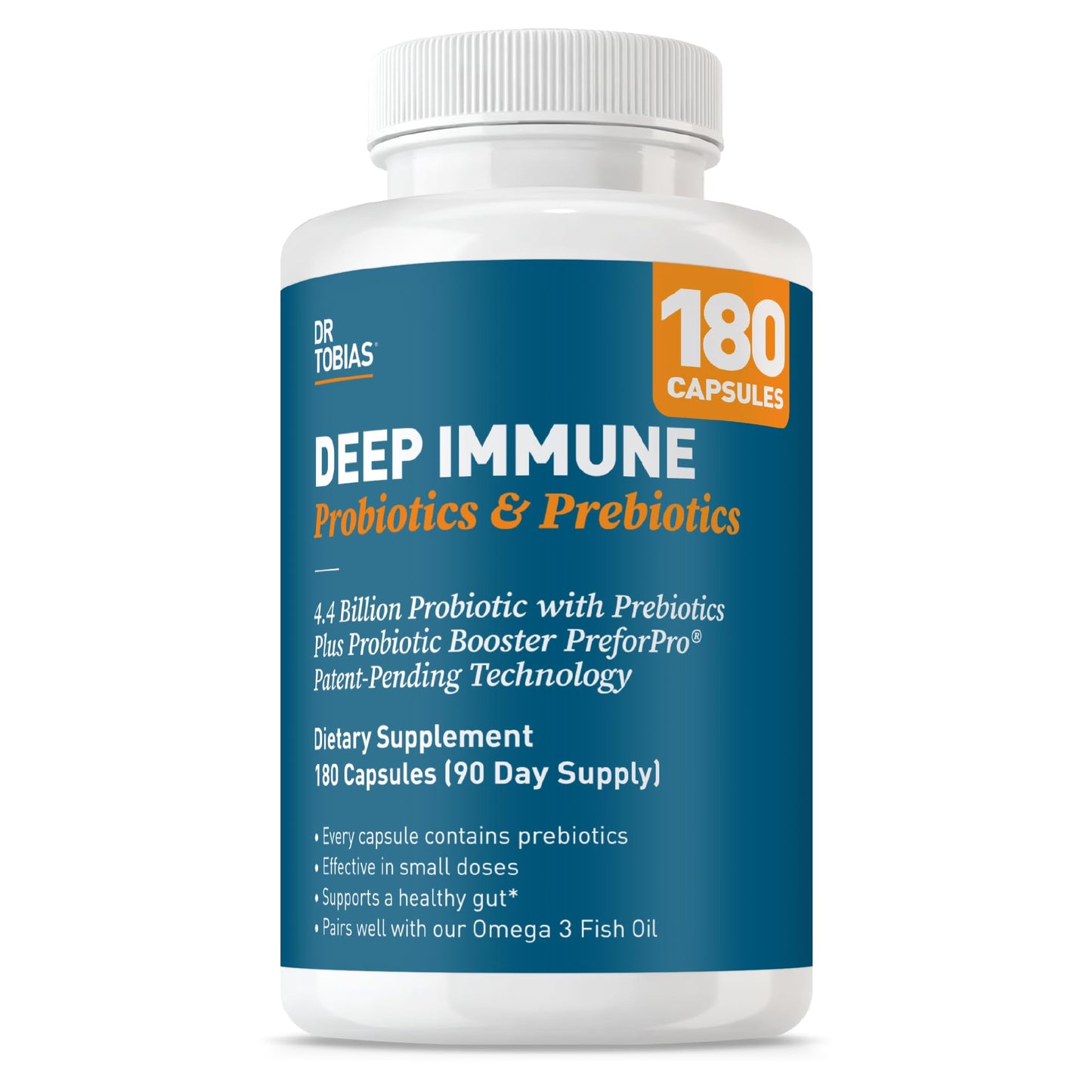 Dr. Tobias Deep Immune Probiotic + Prebiotic 60 Capsules | Gut Health | Dual Action Gut & Immune Support | DE111 Spore Forming Probiotics + PreforPro | Targeted Release | Shelf Stable | 30 Servings