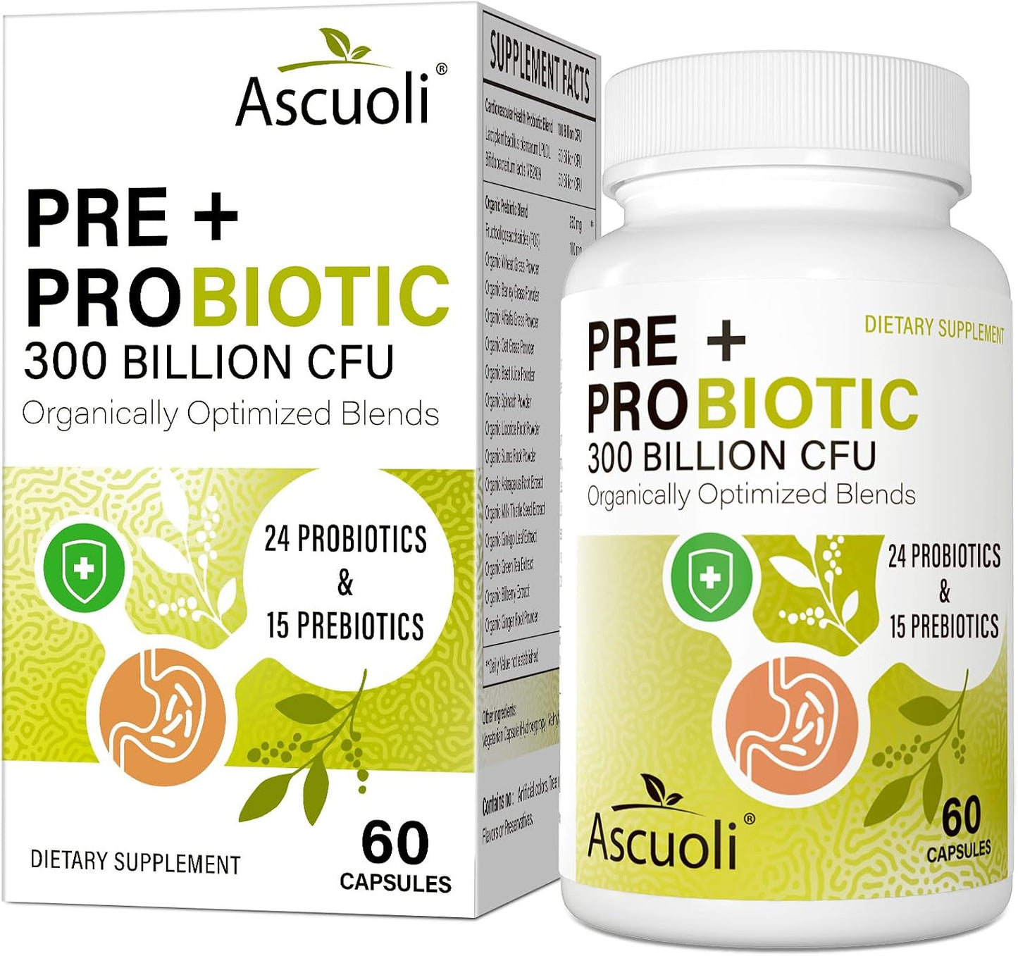 Prebiotics and Probiotics - 300 Billion CFU, 24 Probiotic+15 Herbs, 60 Caps | Probiotics for gut health, Immune & Digestive, Bloating - Probiotics for Women & Men