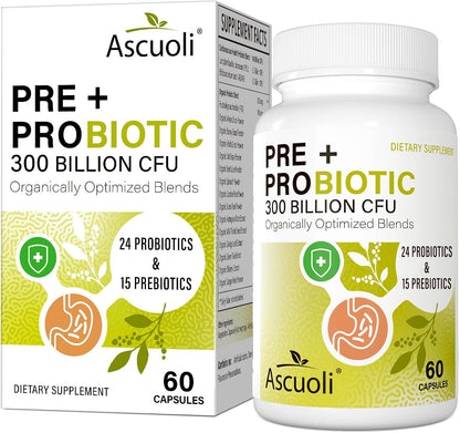 Prebiotics and Probiotics - 300 Billion CFU, 24 Probiotic+15 Herbs, 60 Caps | Probiotics for gut health, Immune & Digestive, Bloating - Probiotics for Women & Men
