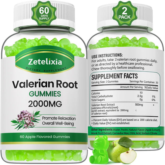 2 Pack Organic Valerian Root Gummies, Herbal Supplement for Relaxation & Mood Support, Sleep Gummies Without Melatonin for Adults, Vegan, Non-GMO, Apple Flavor, 120 Count