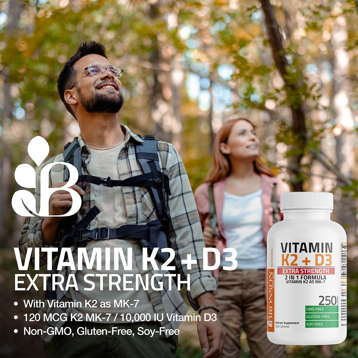 Bronson Vitamin K2 D3 (MK7) Extra Strength D3 & K2 Complex, 120 Capsules | Bone, Immune & Heart Health Support, Gluten Free, Soy Free, Non-GMO, Vitamin D3 10,000IU (250 mcg) & 120 mcg K2 MK-7
