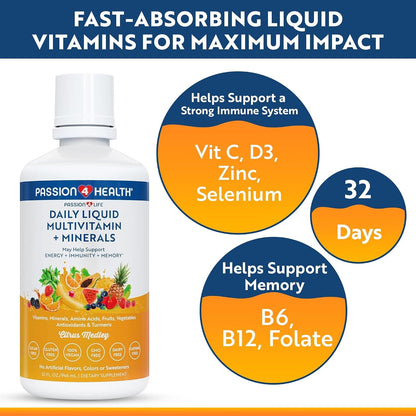 Passion 4 Life Daily Liquid Multivitamin + Minerals - Over 100 Premium Ingredients for the Whole Family - Trace Minerals and Amino Acids for All Ages
