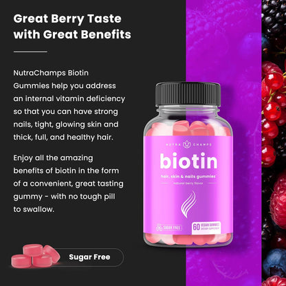 NutraChamps Sugar Free Biotin Gummies 10000mcg [High Potency] - Healthy Hair, Skin & Nails for Women, Men & Kids - 5000mcg in Each Gummy - Vegan, Non-GMO, Hair Health Vitamins Supplement - Raspberry