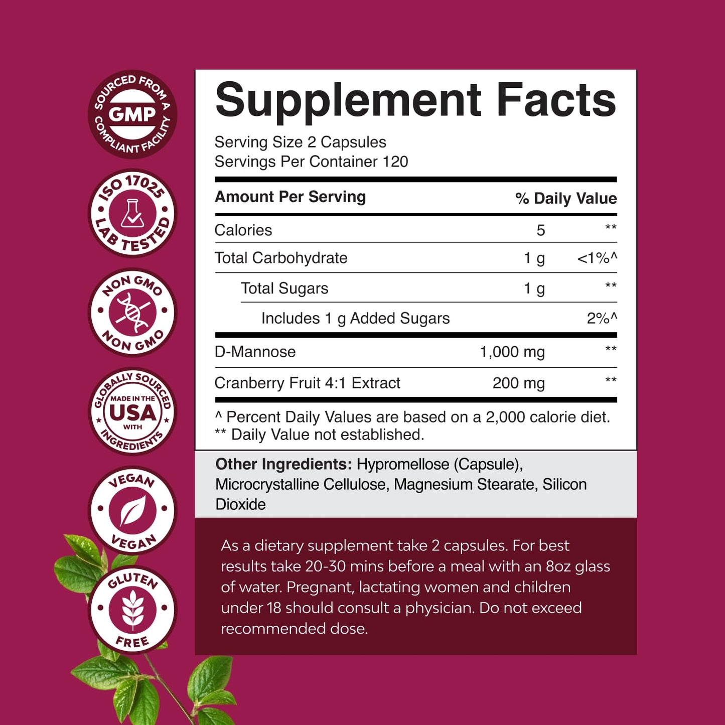 D Mannose with Cranberry Supplement - Potent D Mannose 1000mg Capsules for Kidney Defense Support & Cleanse and Urinary Tract Health for Women & Men - Bladder Health Supplement for Adults - 60 Count