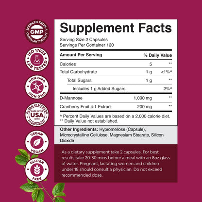 D Mannose with Cranberry Supplement - Potent D Mannose 1000mg Capsules for Kidney Defense Support & Cleanse and Urinary Tract Health for Women & Men - Bladder Health Supplement for Adults - 60 Count