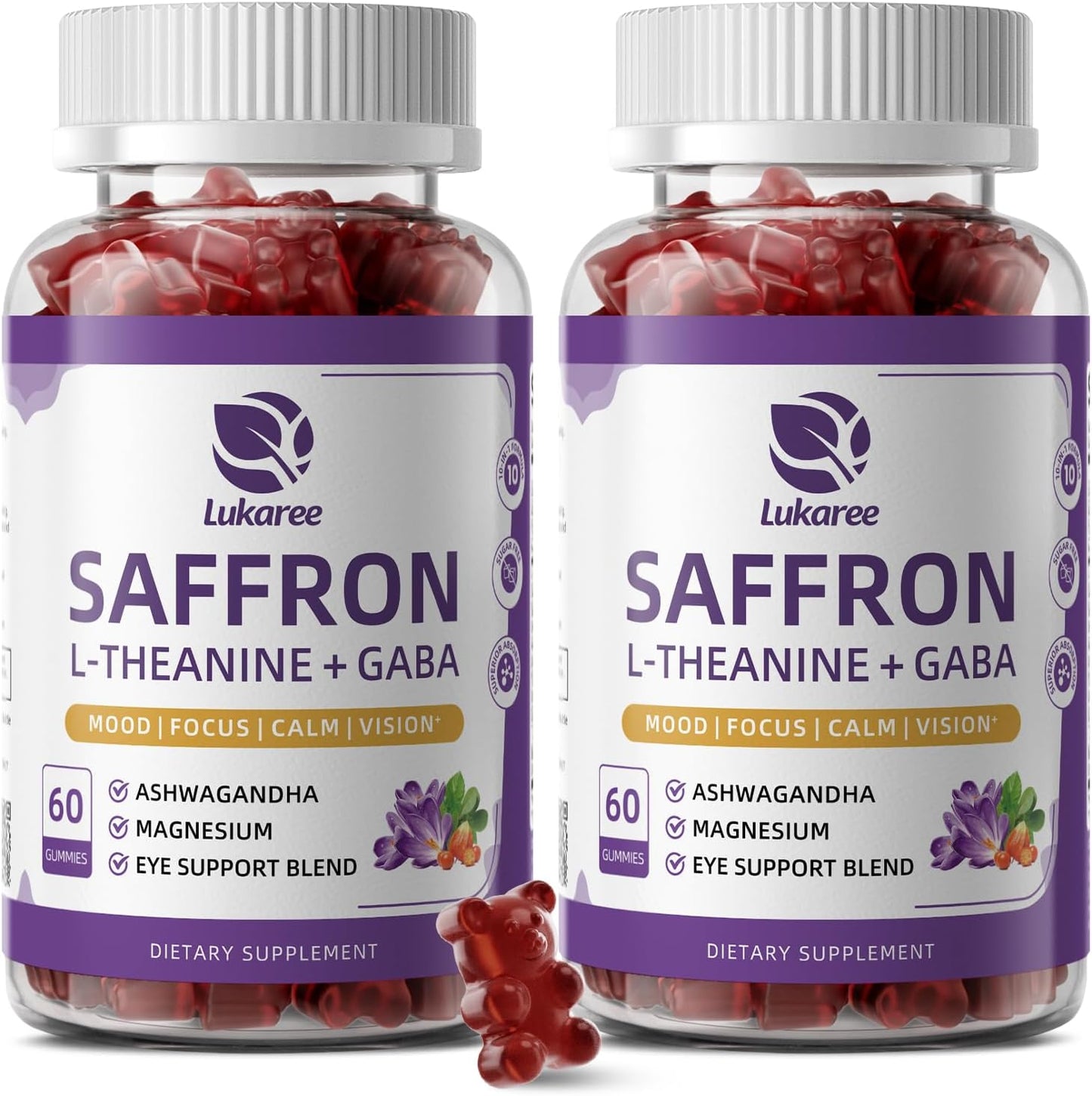 Saffron Gummies 88.5mg with L-Theanine 200mg, GABA for Mood, Focus & Vision | 10-in-1 Supplements for Adults with Ashwagandha, Eye Support Blend, GMP Certified, Sugar Free, Vegan, 60 Day Supply