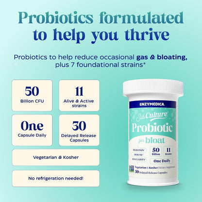 Enzymedica SubCulture Probiotic for Bloat & Digestive Health - Probiotic Supplement Capsules for Women & Men, 50 Billion CFU, Gut Health Support for Adults, Helps Occasional Gas & Bloating - 30 Caps