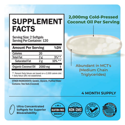 Coconut Oil Capsules 2000mg, 120ct, 2 Month Supply