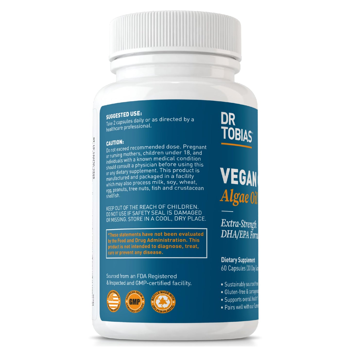 Dr. Tobias Vegan Omega 3 Algae Oil 60 Capsules | Extra-Strength DHA EPA | Plant-Based Omega 3 Supplement | Heart & Brain Support | 420 mg DHA + 210 mg EPA | Lemon Flavor | 30 Servings