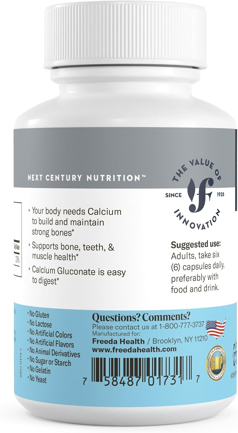 FREEDA Calcium Gluconate Supplement for Bone & Joint Support – 100 Capsules | Supports Teeth & Muscle Health – Pure Calcium w/o Vitamin D – Gentle on Stomach, Easy-to-Digest, Kosher, Vegan, Made in USA