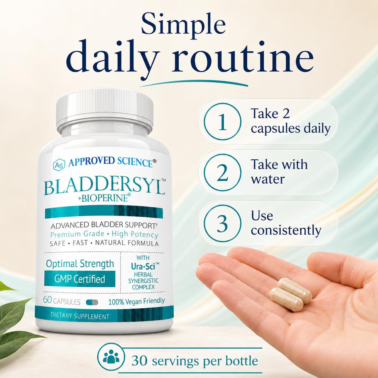 Approved Science Bladdersyl - Urinary Incontinence, Bladder Support - High Absorption - 60 Capsules - Pack of 1 - Vegan
