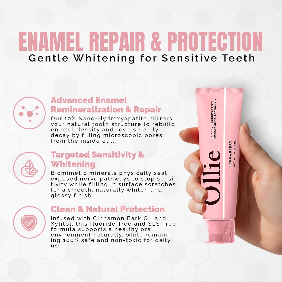 Ollie Fluoride Free 10% Nano Hydroxyapatite Toothpaste, Clean Mint, 1 Pack