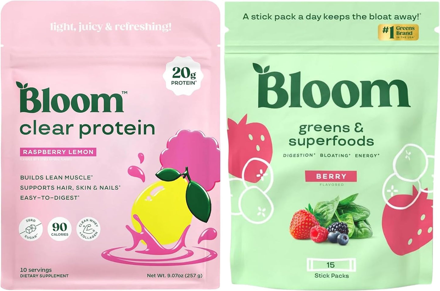 Bloom Raspberry Lemonade Clear Protein and Berry Greens Stick Packs Bundle