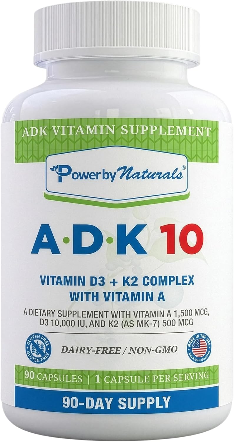 Power By Naturals ADK 10 Vitamin Supplement – Vitamins A, D3 & K2 MK-7 for Bone, Heart & Immune Health – Gluten-Free, Soy-Free – 90 Capsules (3-Month Supply)
