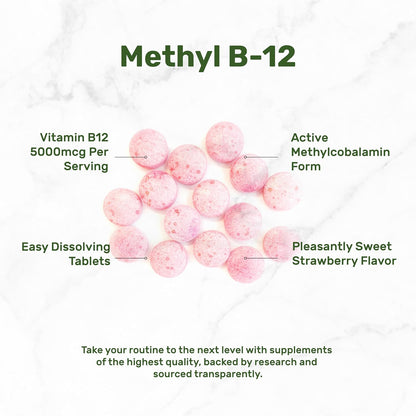 DEAL SUPPLEMENT Methyl B-12 Vitamins 5000 mcg Per Serving, 240 Tablets | Active Form - Strawberry Flavored - Vitamin B12 Supplement for Women & Men - GMO Free & Gluten Free