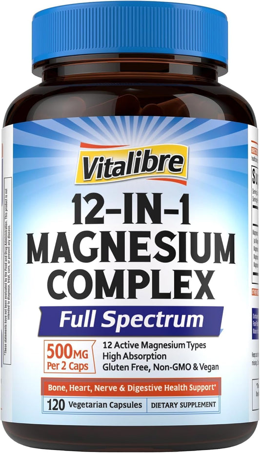 Vitalibre 12 in 1 Magnesium Complex 500mg for Women Men, 120 Vegan Capsules | Max Absorption Chelated Magnesium Glycinate Citrate Malate & More for Bone, Nerve & Digestive Support | Non-GMO