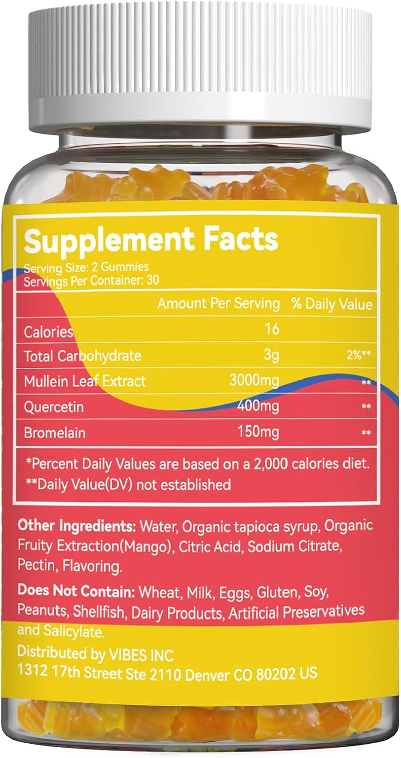 3000MG Mullein Gummies, Mullein Leaf Extract for Lungs, 60 Count | Sugar Free Mullein Gummies with Bromelain & Quercetin, Vegan