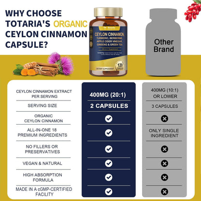 Totaria 18-in-1 Organic Ceylon Cinnamon Capsules with Berberine, Ceylon Cinnamon Supplement w/Apple Cider Vinegar Turmeric Bitter Melon Milk Thistle, for Metabolism, Energy, Heart*, 120 Counts