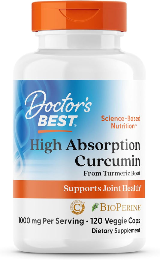Doctor's Best Turmeric Curcumin Supplement 1000mg for Men & Women - Curcumin Caps from Turmeric Root, Black Pepper Extract (BioPerine), 95% Piperine, Joint Health Support, Non GMO - 120 Veg Capsules