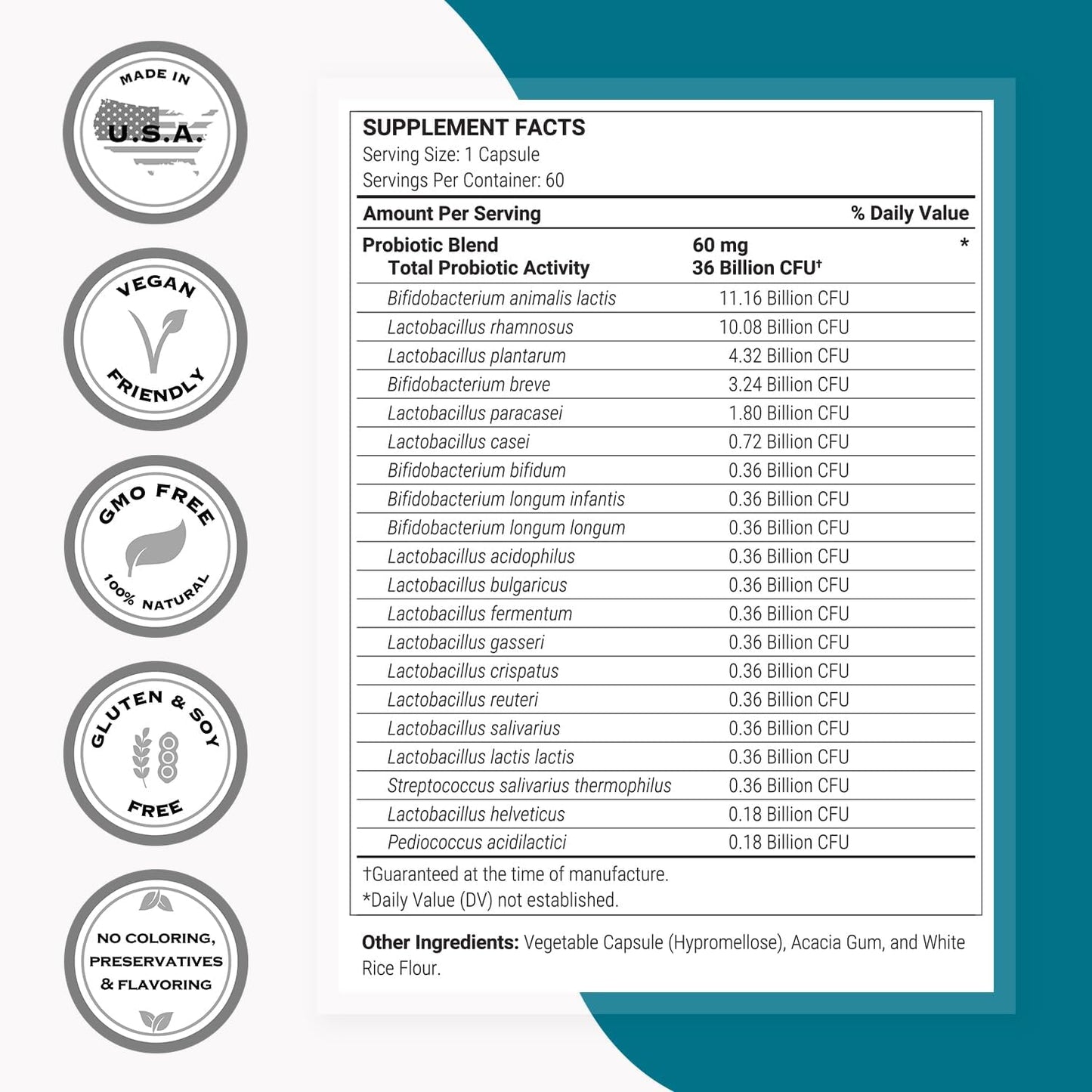 Supersmart Full Spectrum Probiotic Formula 36 Billion CFU per Day (20-in-1 Complex) - with Lactobacillus Reuteri, Gasseri, Rhamnosus, Crispatus | Non-GMO & Gluten Free - 60 Vegetarian Capsules