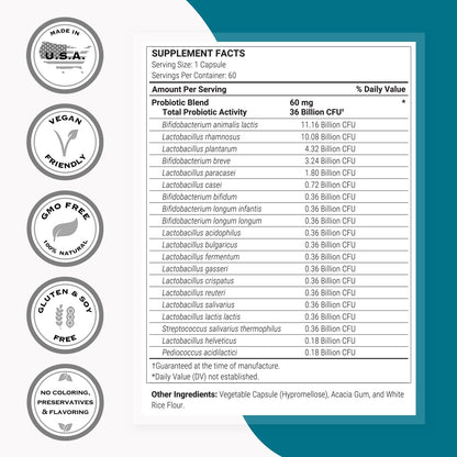 Supersmart Full Spectrum Probiotic Formula 36 Billion CFU per Day (20-in-1 Complex) - with Lactobacillus Reuteri, Gasseri, Rhamnosus, Crispatus | Non-GMO & Gluten Free - 60 Vegetarian Capsules