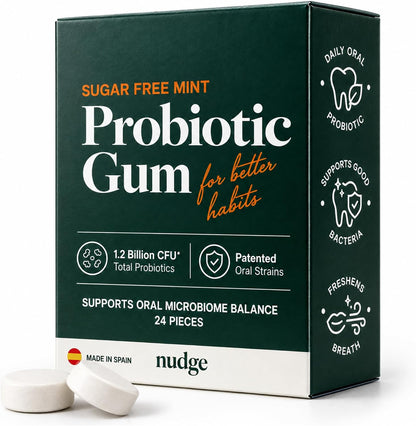Nudge Probiotic Gum, Sugar Free Mint, Oral Microbiome Support, 24 Pieces