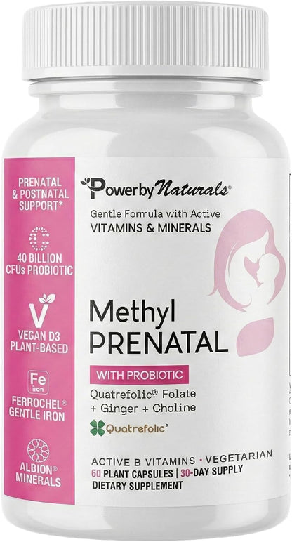 Power By Naturals Methyl Prenatal with Probiotics – Prenatal Vitamins for Women with Iron, Methyl Folate, B12 & 28 Nutrients & Botanicals – Vegan, Non-GMO, Gluten-Free – 60 Capsules (1-Month Supply)