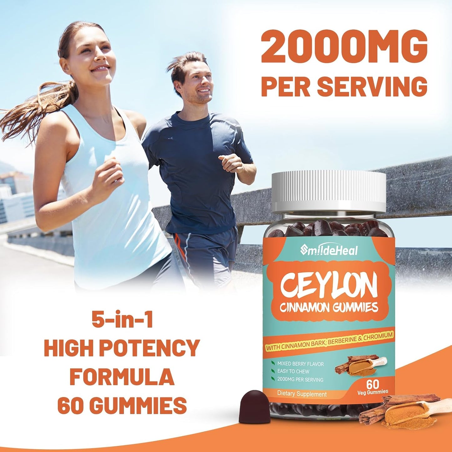 Sugar Free Ceylon Cinnamon Gummies 2000MG, Cinnamon Supplement with Chromium and Cinnamon Bark, Vegan, Non-GMO, Gluten Free, 60 Gummies