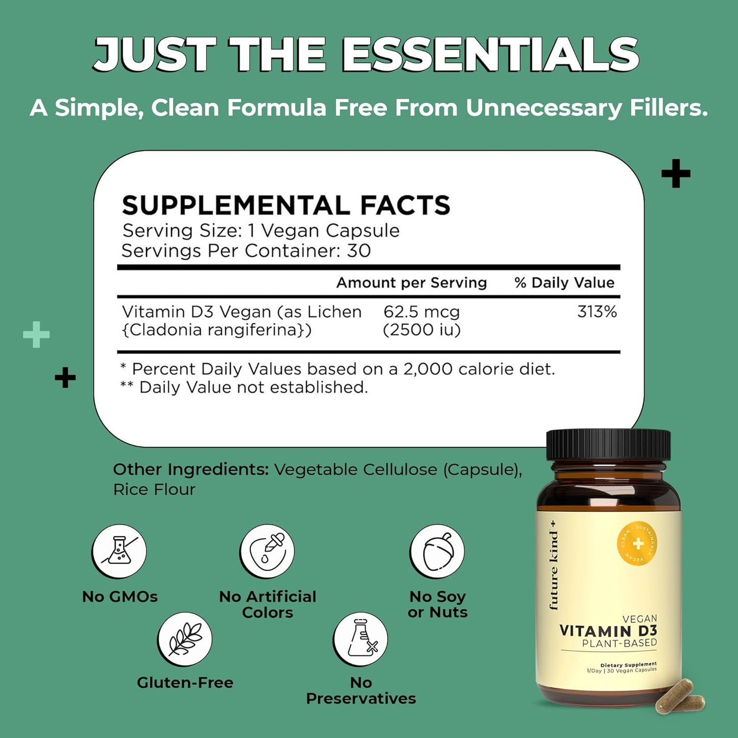 Future Kind Vitamin D3 2500 IU for Bone and Muscle Function, Vitamin D Vegan Supplement from Plant Lichen, Non-GMO, Sugar Free, Pure Vitamin D3, Promotes Natural Resilience, 30 Capsules